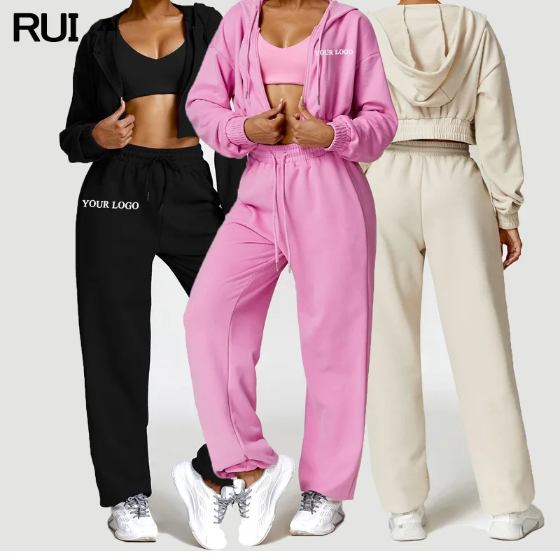 Wholesale Custom 2024 Hot Selling Women 2 PCS Cropped Hoodies Sweatshirts Set Gym Fitness Workout Training Tracksuit For Women