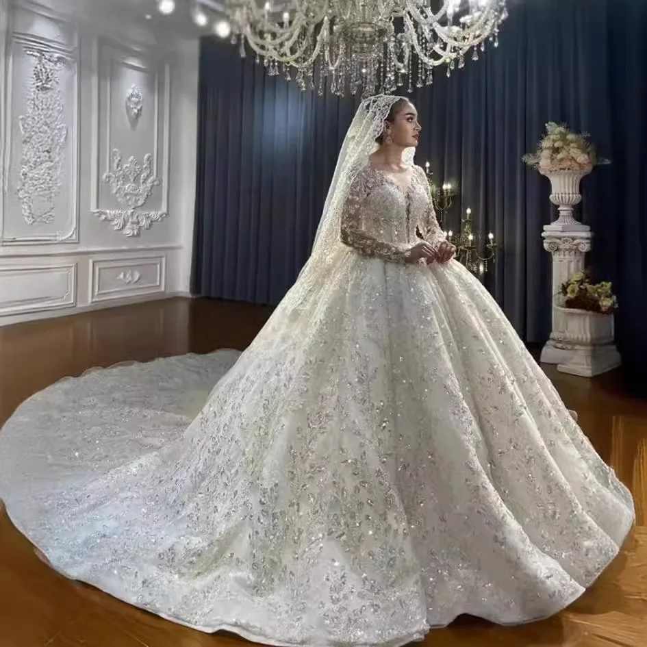 AL1794 2024 HOT sequins french lace wedding bridal dress for party elegant princess white muslim luxury bridal wedding dresses