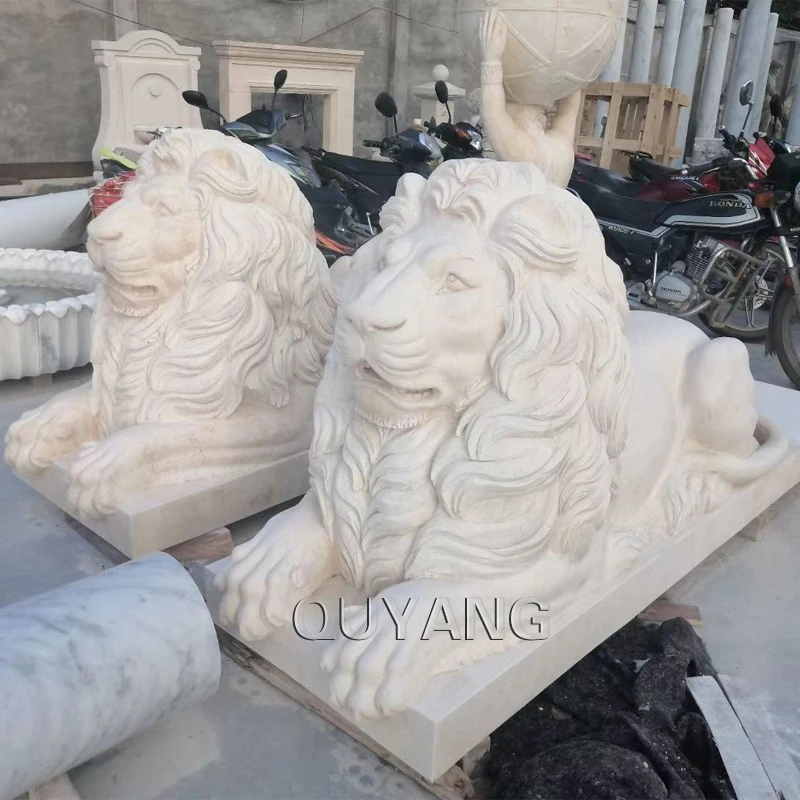 QUYANG Life Size Hand Carved White Marble Animal Sculpture Stone Carving Resting Lion Statue