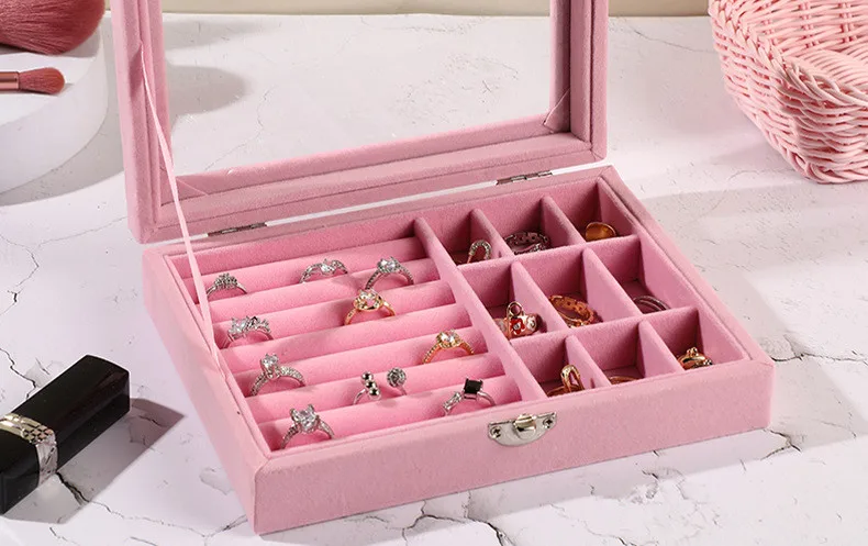 Large Capacity Pink Tray Transparent Showcase Ring Luxury Display Velvet jewelry Storage Box jewelry Organizer