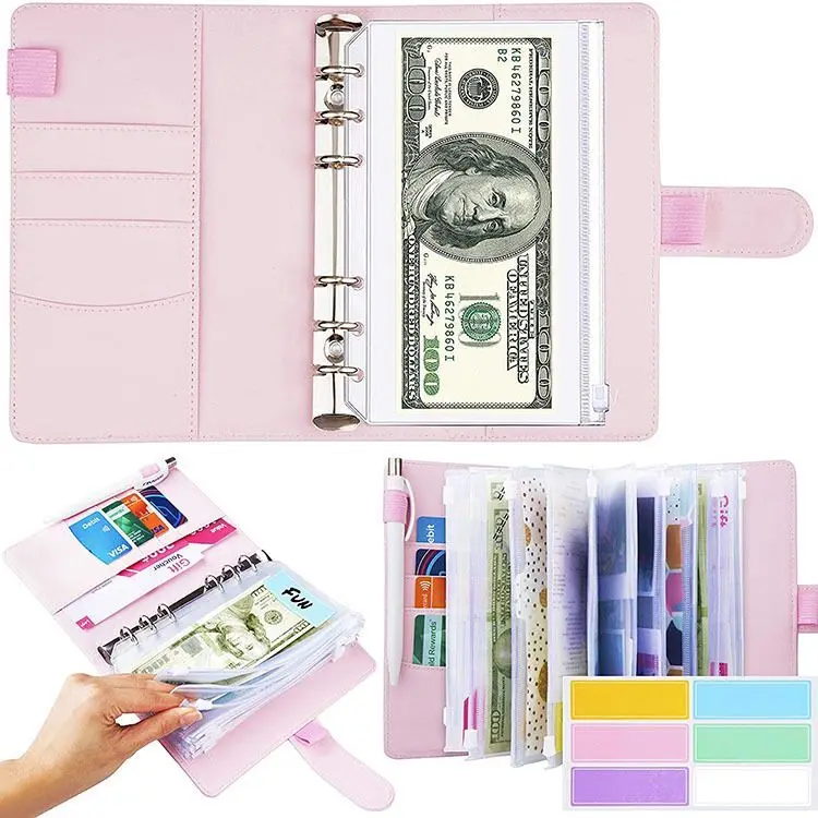 Custom PU Leather Planner Binder 12 Clear Envelopes A6 Budget Binder Ring Binder With Cash Envelopes