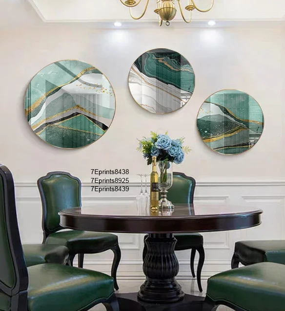 Customize Modern UV print 1 set of 3 pcs Abstract Round Metal Framed crystal porcelain paintings On Artworks For Hotel Project