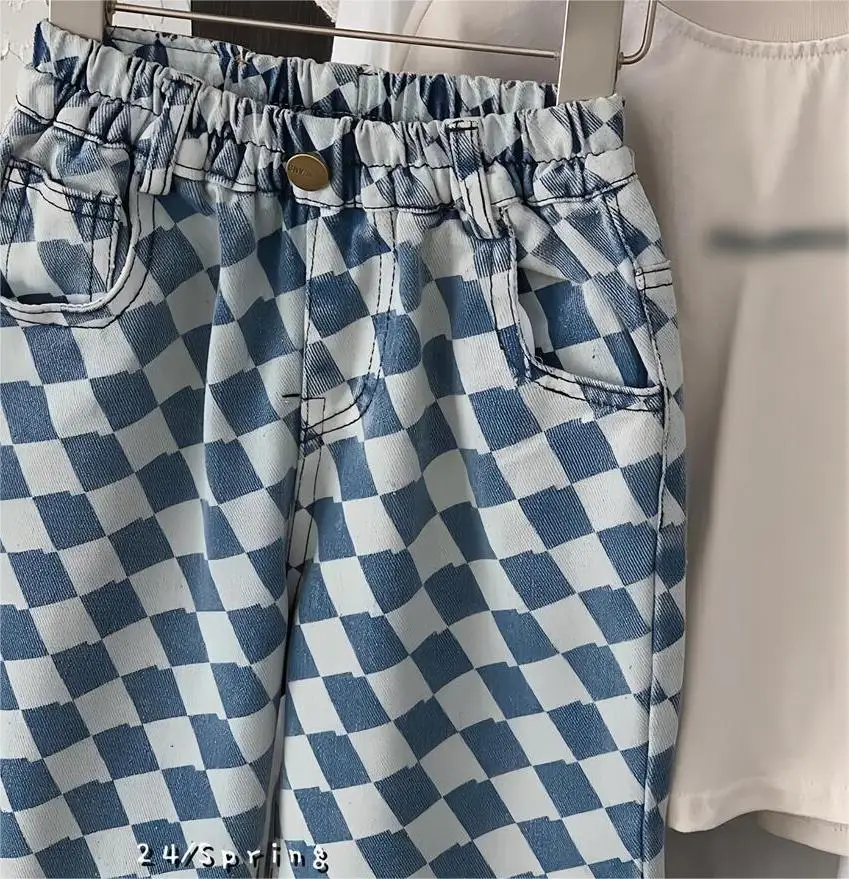 Wholesale 2024 Spring Diamond Plaid Kids Jeans Pants