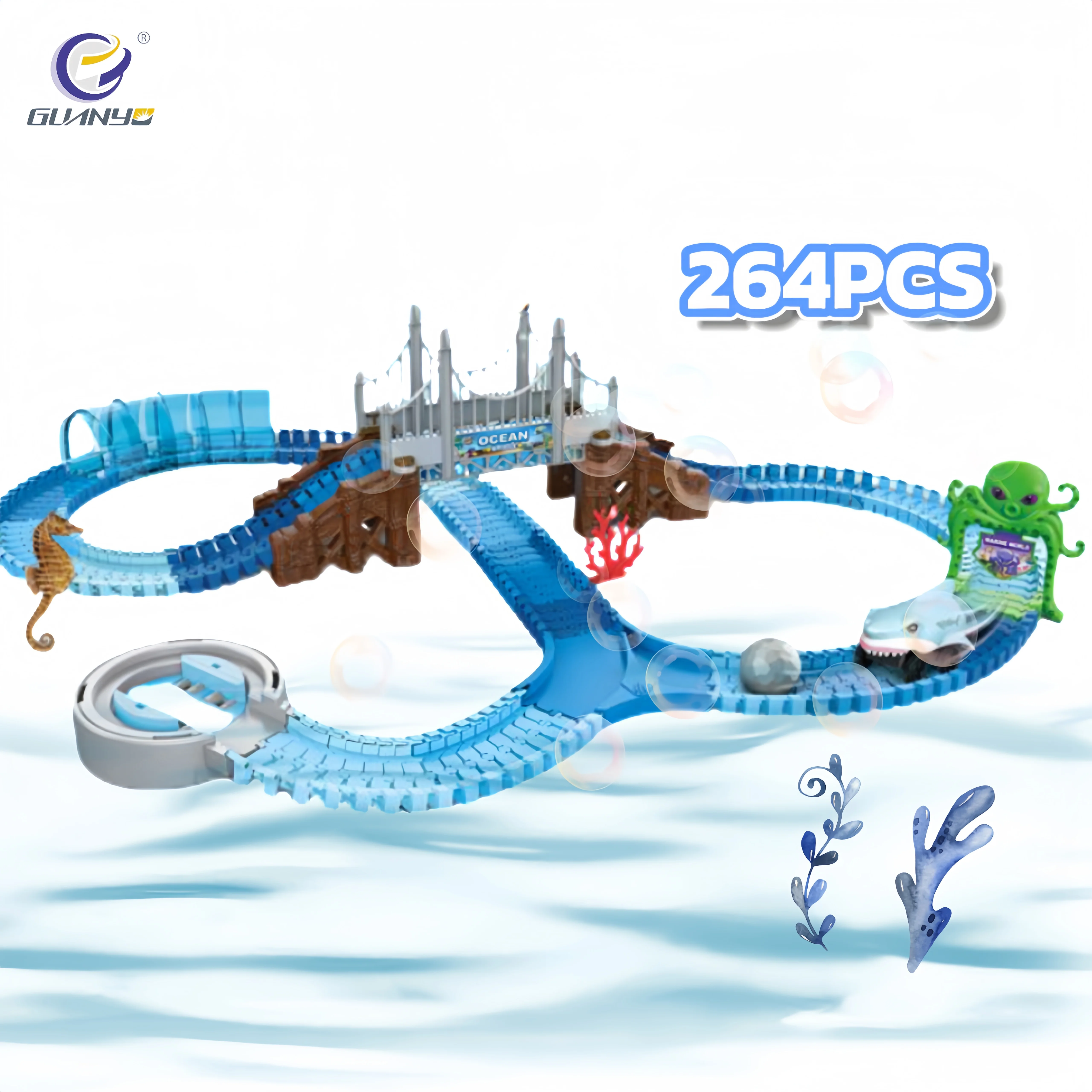 264PCS Shark Rail Car Ocean Toy Trains DIY Racing Railway Electric Car Marine Animal Model Children Toys Great Gift For Kids