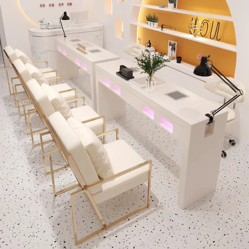 Professional Equipment Pink Manicure Desk Client Table Double Manicure Furniture With Dust Vacuum Cleaner And Luxury Light