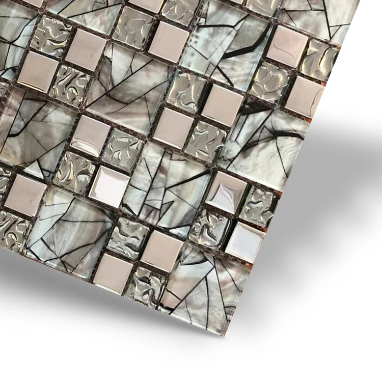Factory Price Grid Pattern Light Color Square Electroplated Metal Shiny Tiles Glass Mosaic For Walls