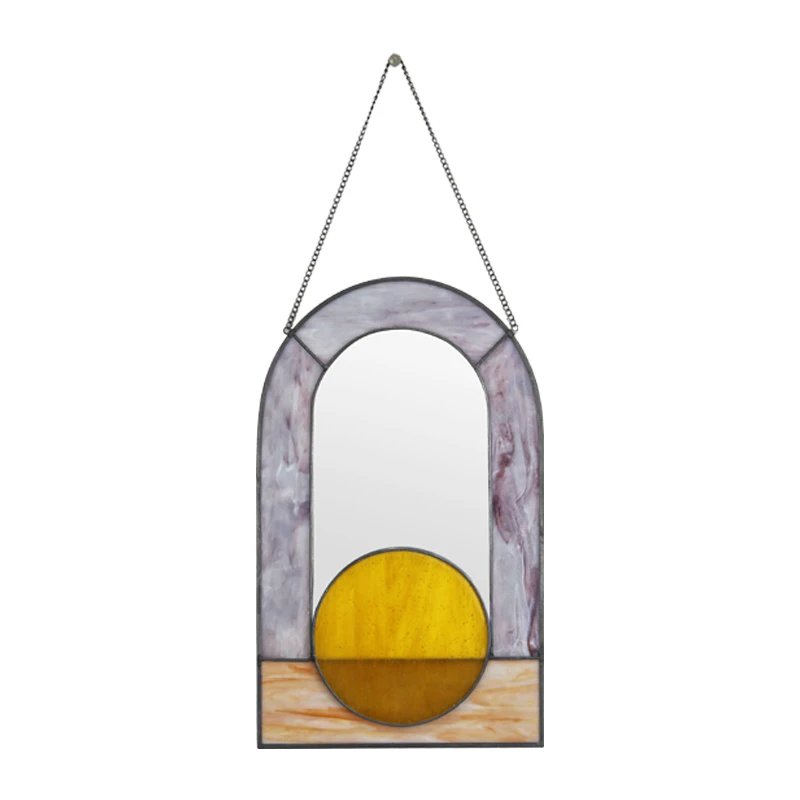 Vintage oval Blue orange and brown  inlad metal wall hanging mirror with chain