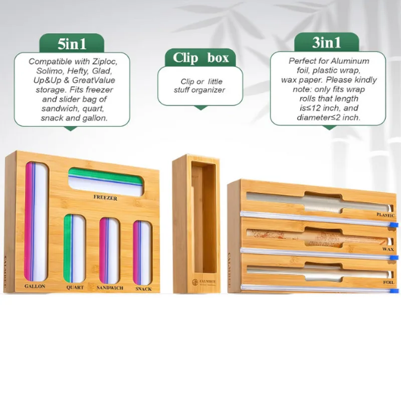 Kitchen 9 IN 1 Wooden Drawer Organizers With Plastic Foil Wrap Dispenser Holder Bamboo Ziplock Bag Storage Organizer