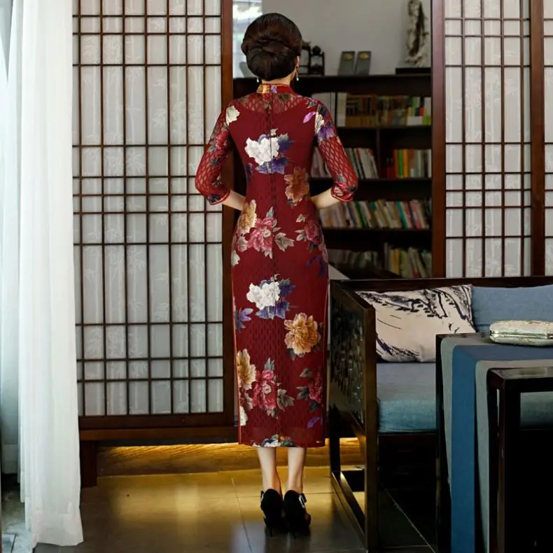 Китайские современные модные длинные Cheongsam элегантный половина рукава Qipao кружевных тканей платье для женская обувь свадебной