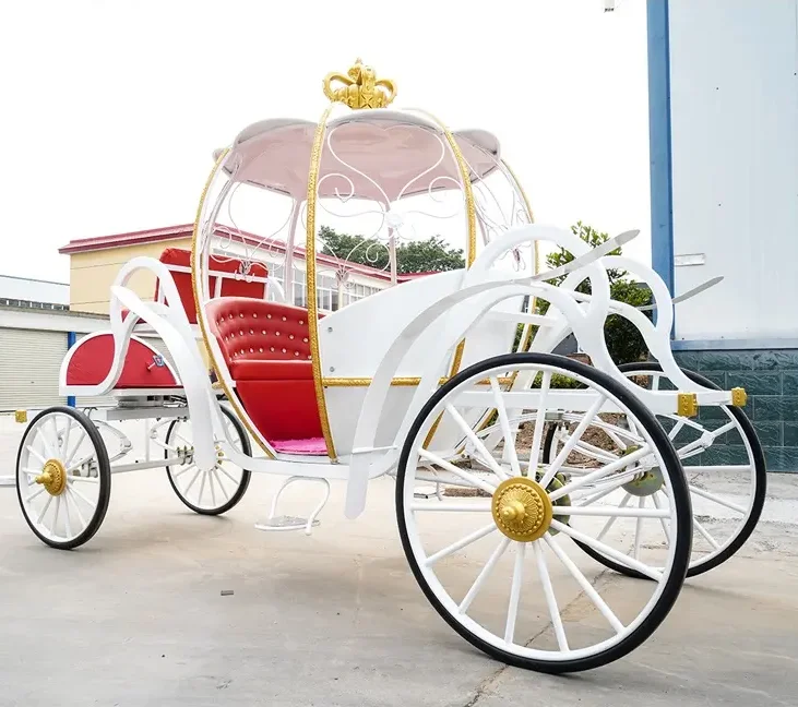 Red leather seat electric cinderella pumpkin horse carriage royal horse cart 4-wheel horse donkey cart  with crown