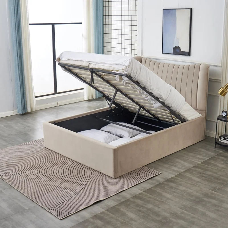 Functionality Design Velvet Fabric Upholstered Lift Up Double Queen Size Platform Ottoman Bed with  Hydraulic Storage System