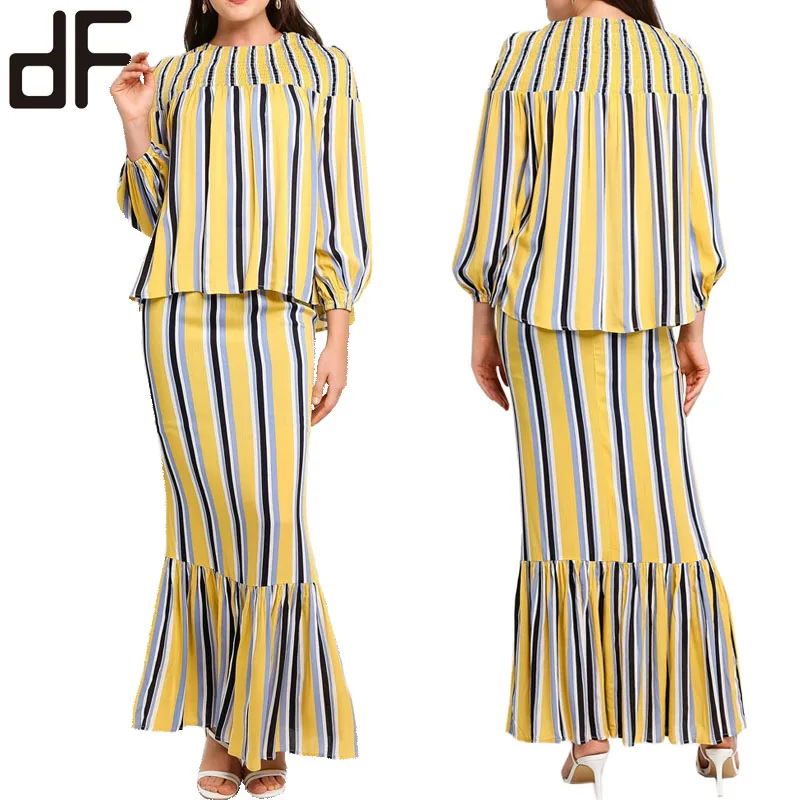 OEM на заказ Baju Kebaya Moden мусульманское платье с принтом Блузка через плечо длинная юбка комплект из двух предметов модный Kurung