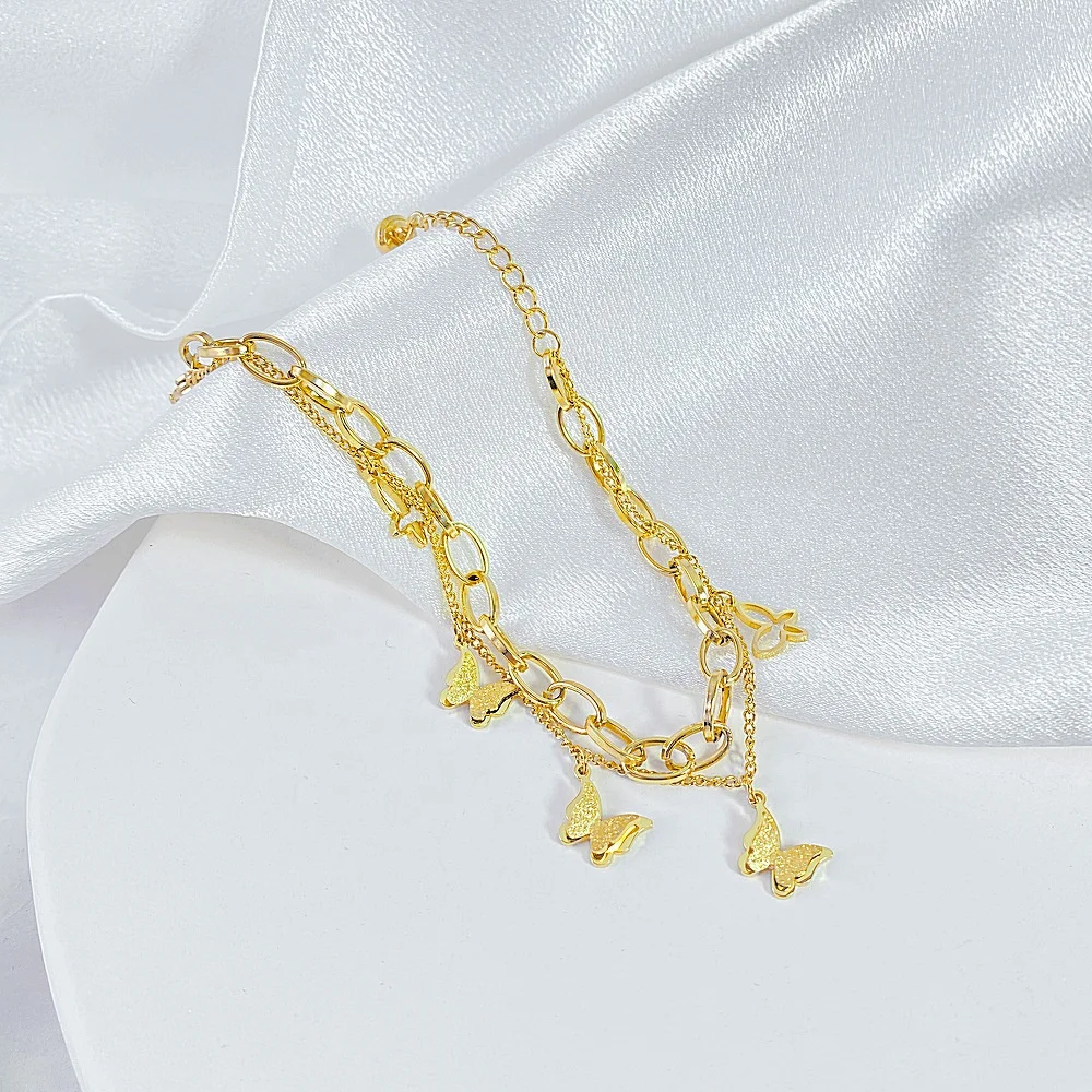 Low MOQ Double Layered Bracelet Oval Chain Cuban Link Chain Gold Bracelet Stainless Steel Butterfly Bracelet for Gift