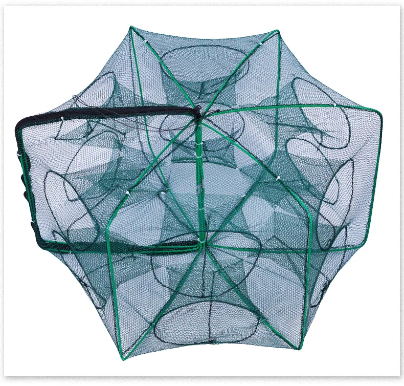 Folding Fishing Trap Net Shrimp Cages for Fishing Cages Wholesale 6-20 Hole Nylon PE Stainless Steel Wire Green Monofilament