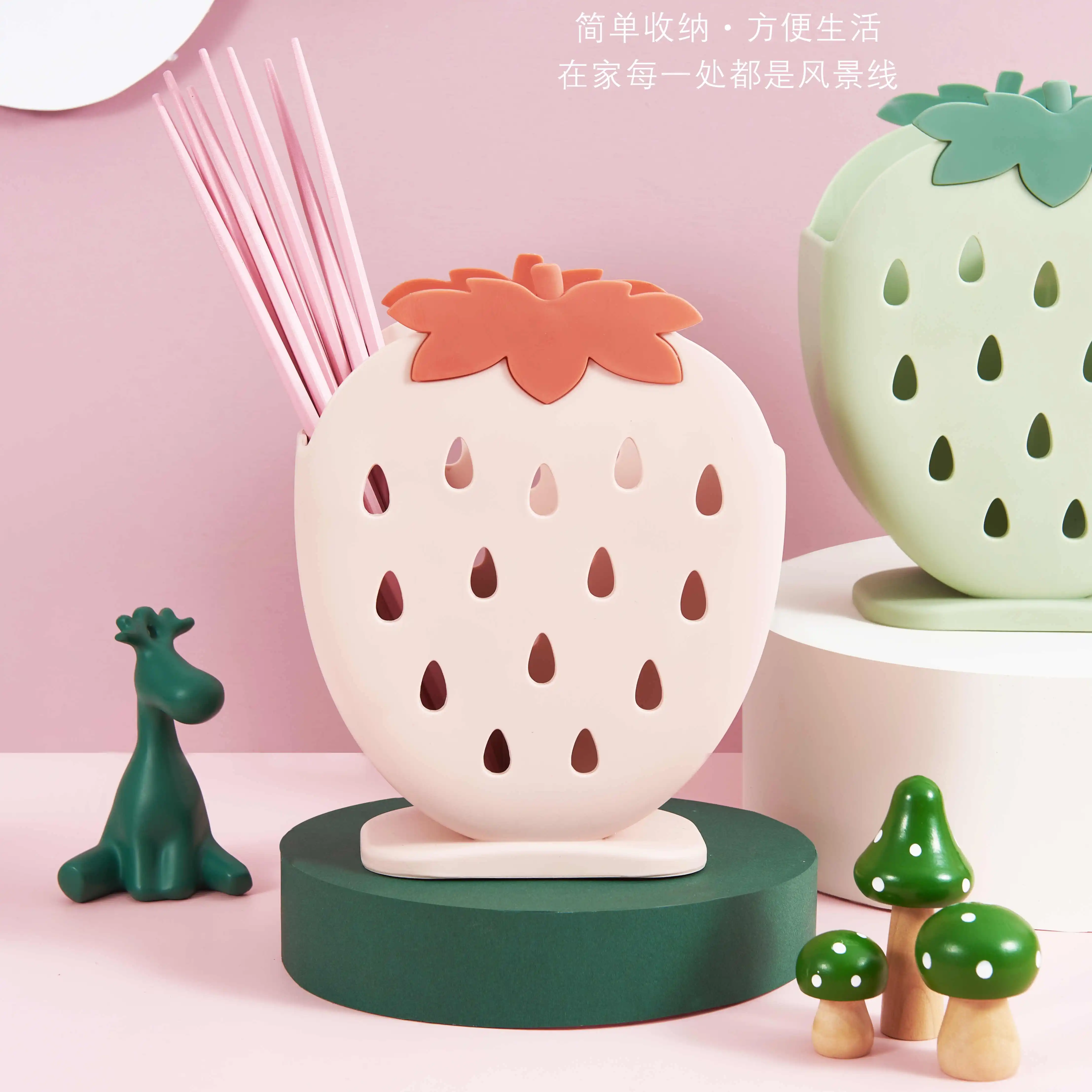 Strawberry shape kitchenware kitchen utensils chopsticks plastic cutlery spoon holder box cage rack storage box
