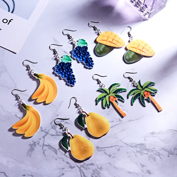 Fashion Cute Colorful Mango Banana Avocado Peach Grape Pear Pendant Drop Acrylic Fruit Earring Jewelry For Women