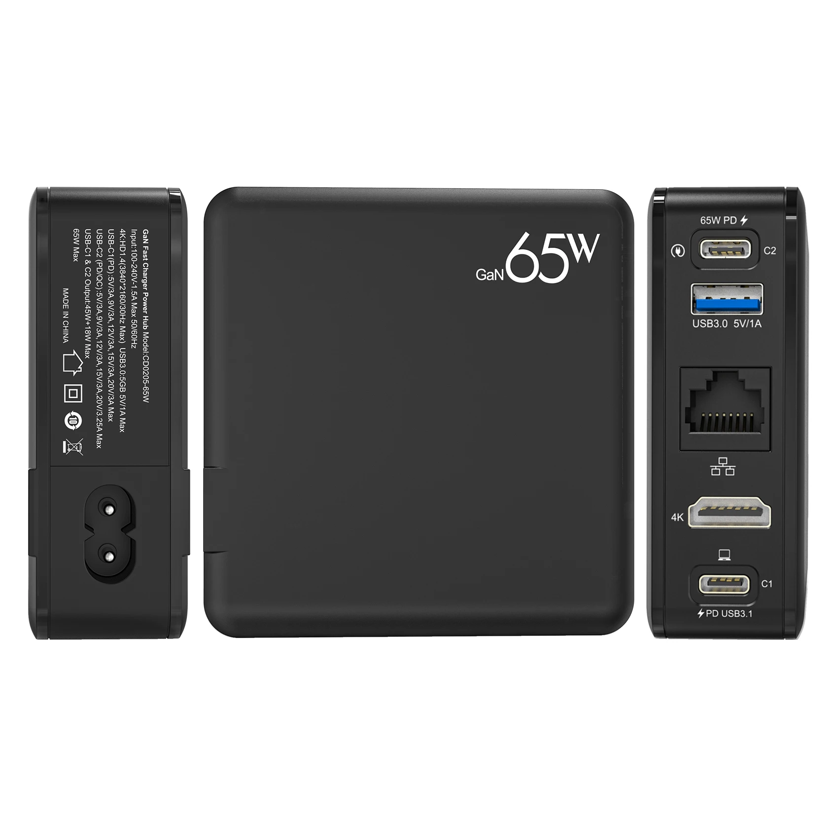 5 in 1 Docking Station USB C PD QC Fast Charger GaN Type-C HDMI USB3.0 RJ45 65W GaN Wall Charger Power Hub