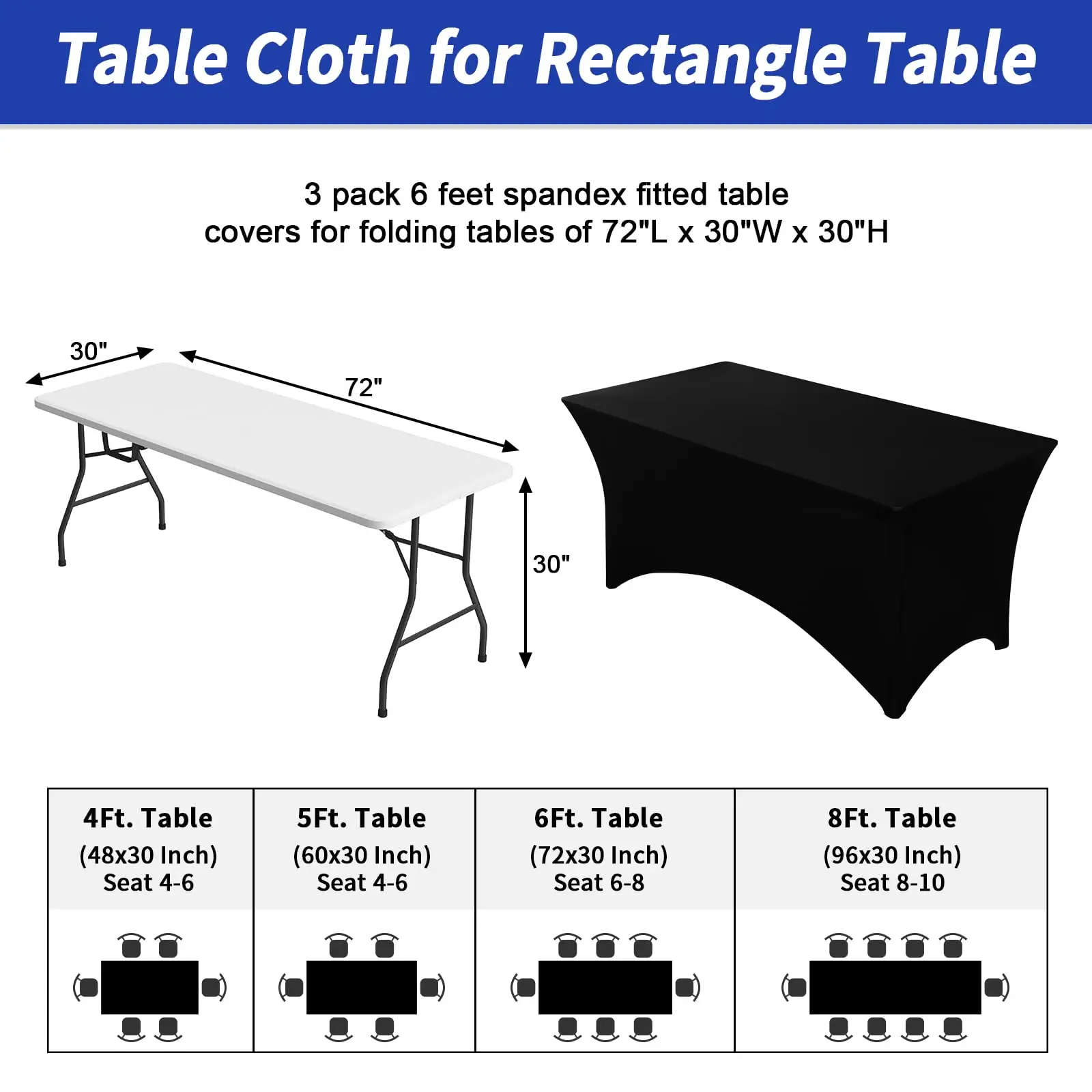 Rectangular Tablecloths Stretch Spandex Fitted Table Covers 6 ft for Parties, Trade Shows, Banquet, Weddings Black Table Cloth