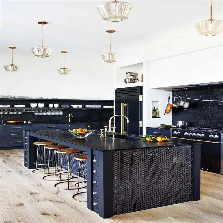 Modern modular kitchen cabinet chic and luxury dark blue painting cabinet black marble countertop