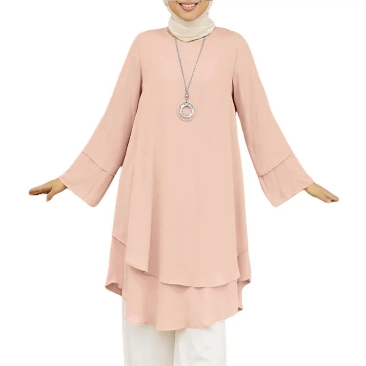 New two-layer design shirt round neck Solid color elegant Holiday party top Turkish Malay Indonesian Muslim Toga robe abaya
