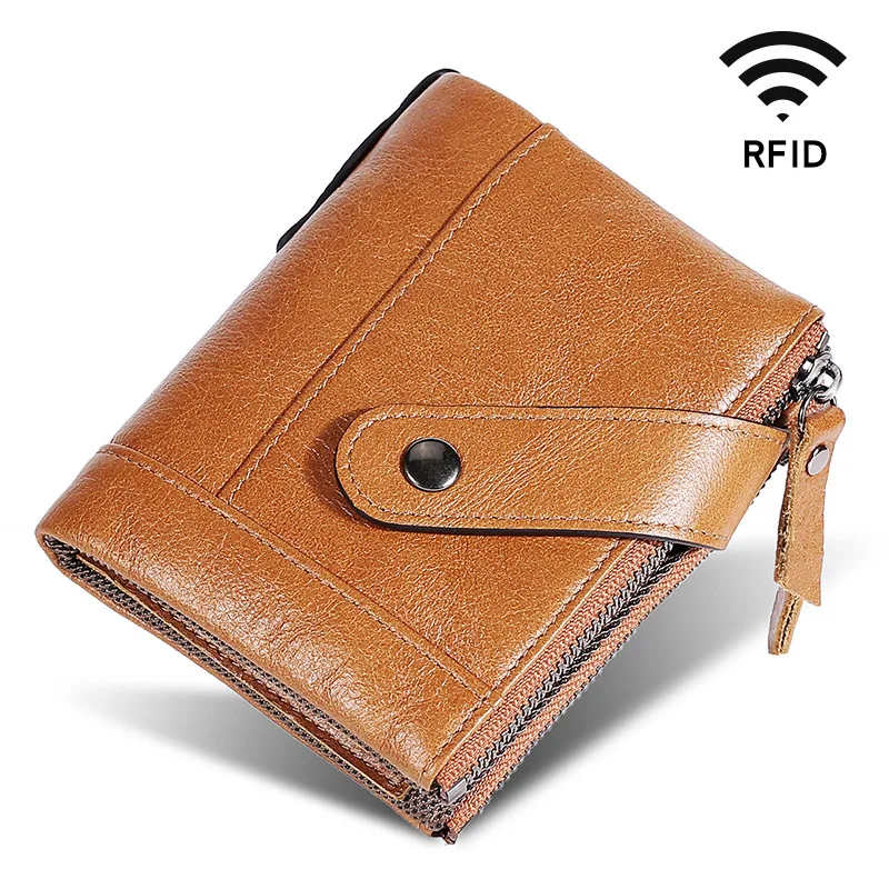 Double zip short wallets for women fashionable design genuine leather wallet men coin clutch purse anti-magnetic rfid wallet