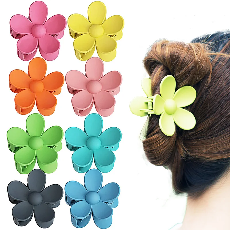 INS Hot Sell Artstar Green Blue Plastic 2.95 Inch Cute Sweet Flower Large Matte Hair Claw Clips for Woman Kids 8381