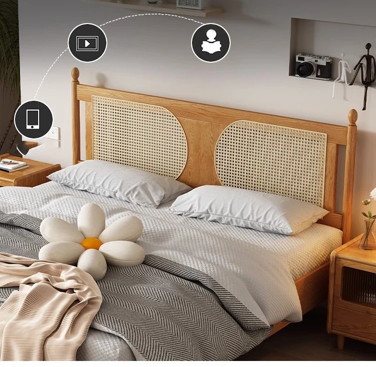Nordic All Solid Wood Tatami Low Bed Homestay Home Bedroom 150/180 Double Retro Japanese Rattan Bed