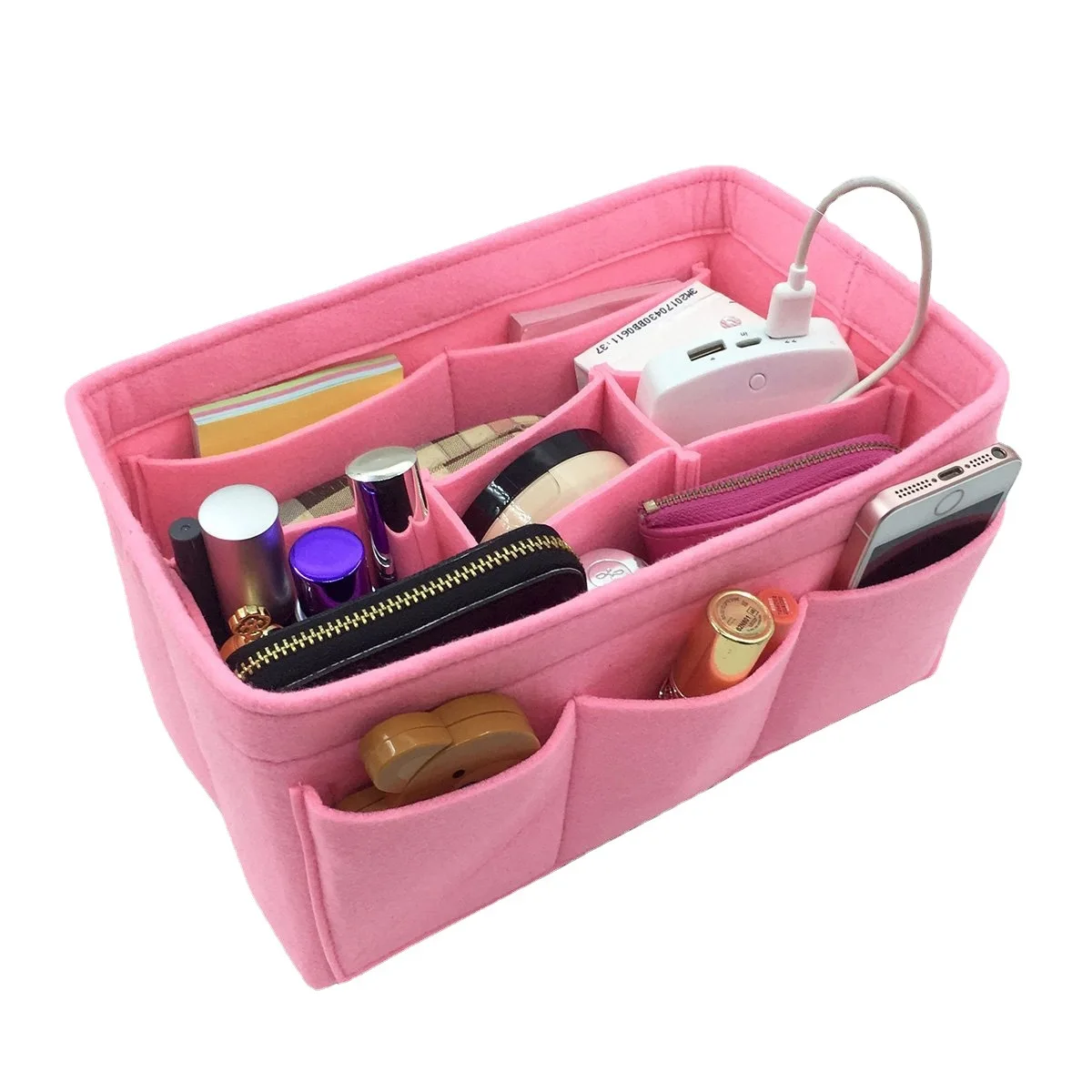 Multi-pockets Purse Organizer Insert Widely Application Felt Bag Organizer with Metal Zipper Handbag & Tote Shaper For Handbag