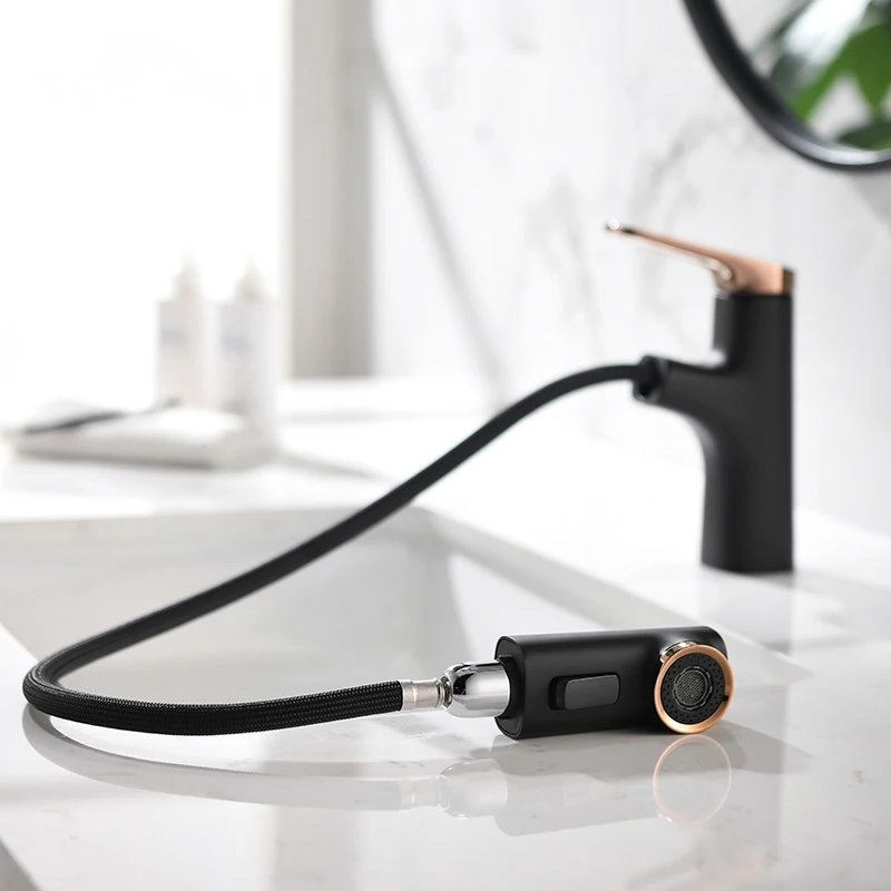 Lead-free single hole multifunction bathroom mixer pull out matte black basin faucet