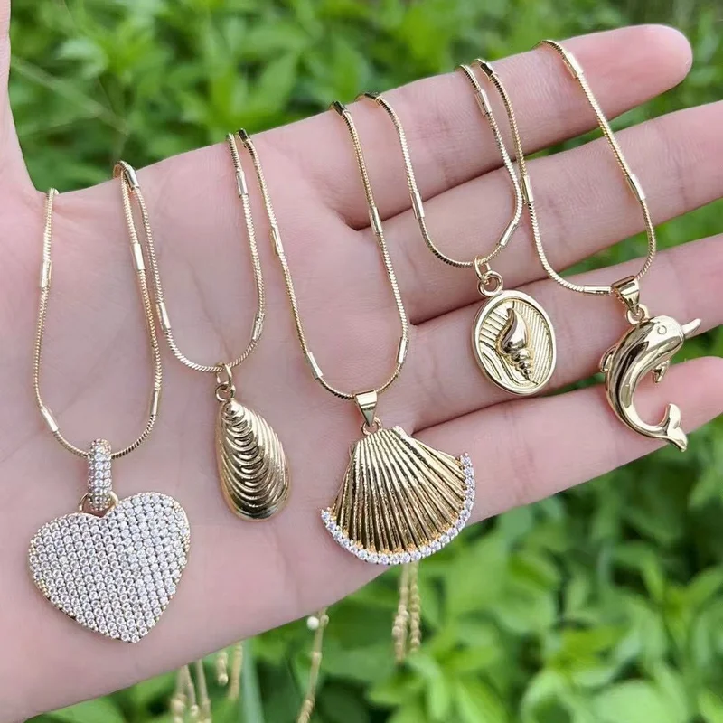 CH-HDN1072 Fashion cz necklace,gold plated Dolphin/Shell/Heart cubic zircon necklace,cz charm necklace jewelry wholesale