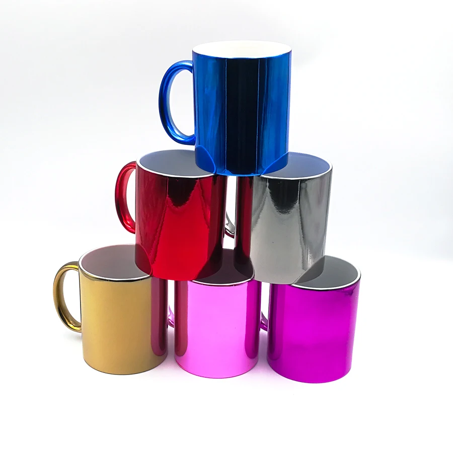 Topjlh Wholesale custom Sublimation 11 oz ceramic gold Plated coffee Mirror Mugs with Metallic electroplated glaze