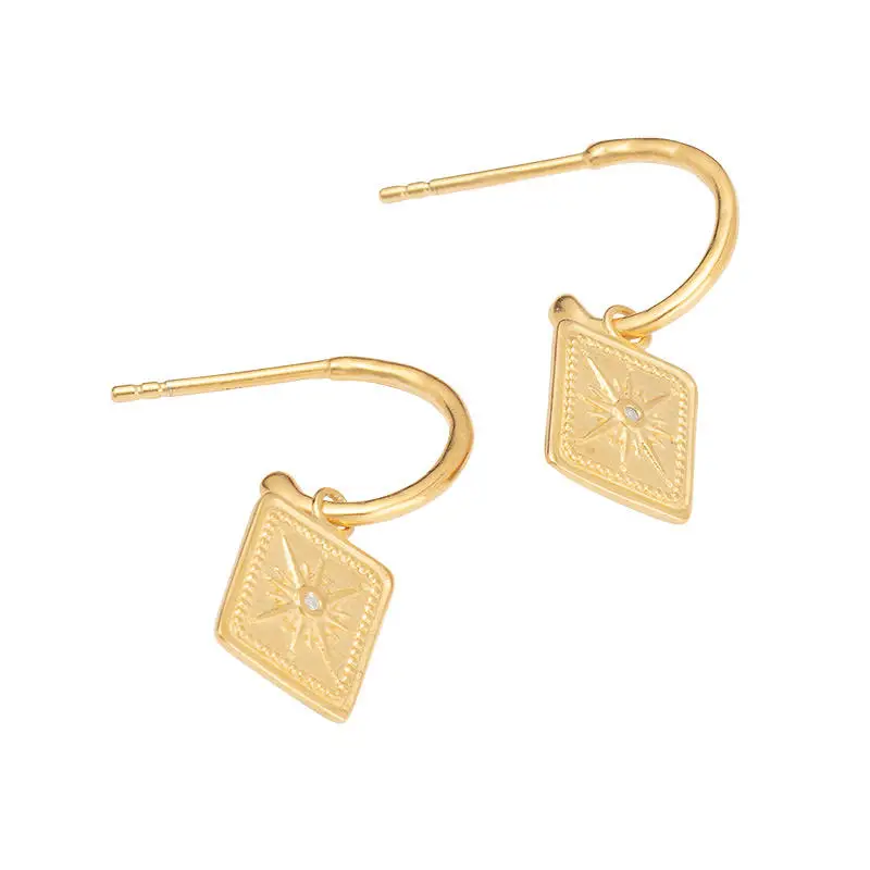 New Trend 925 Sterling Silver 18K Gold Plated Zircon Setting Sun Square Geometric Coin Drop Dangle Stud Earrings