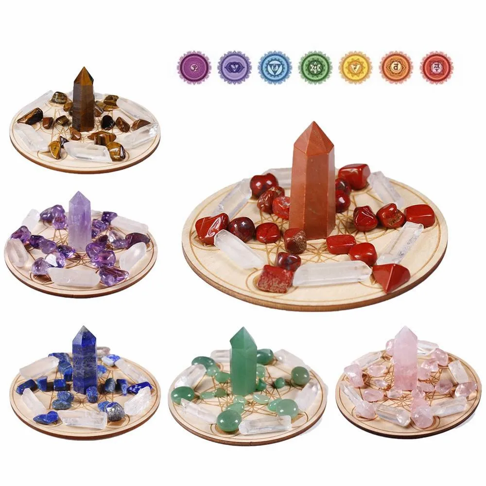 
Sacred Geometry Grid Meditation Natural Healing Reiki Chakra Crystal Mini Crystal Grid Set with Wood Board Fengshui Gift Decor 