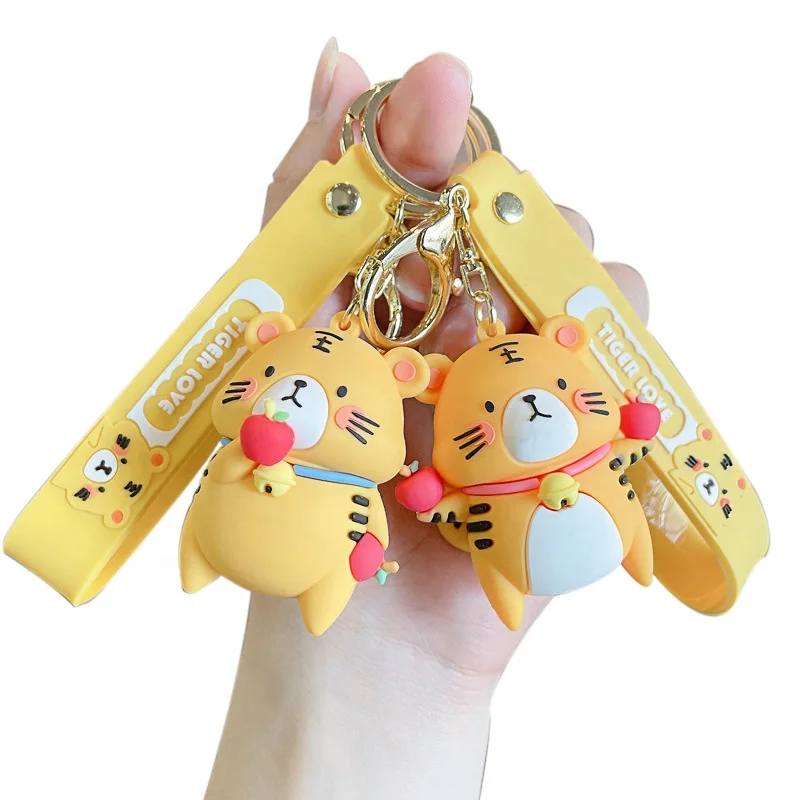 Cartoon Greedy Apple Tiger 3D Kawaii Keychain Custom 3D Cute Silicon Keychain Couple Girls Backpack Pendant