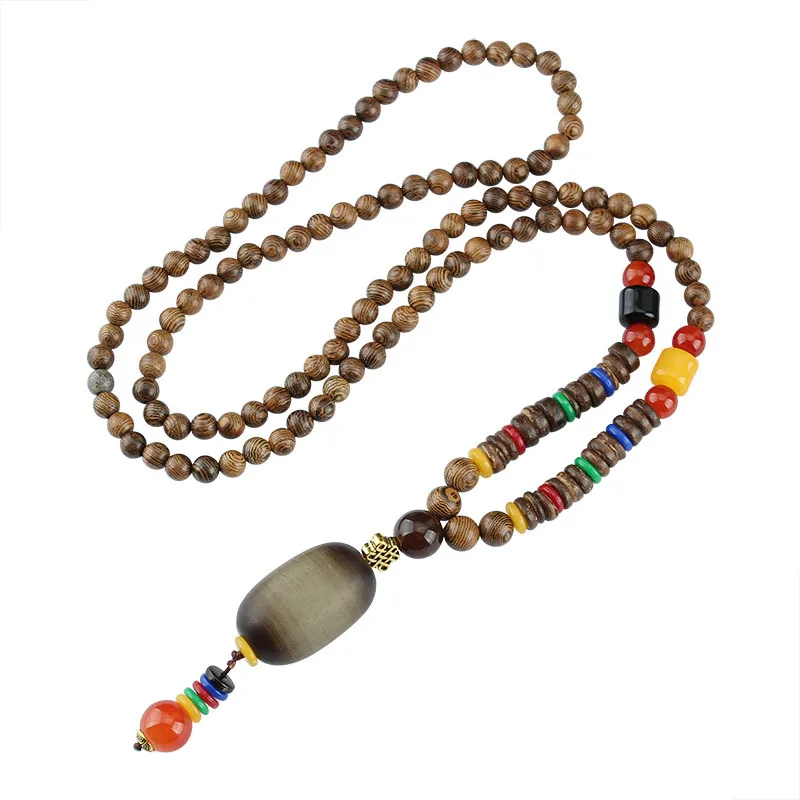 New Vintage Nepal Long Buddhist Mala Wood Beaded Pendant & Necklace Ethnic Bohemian Boho Buddha Lucky Jewelry for Women Men