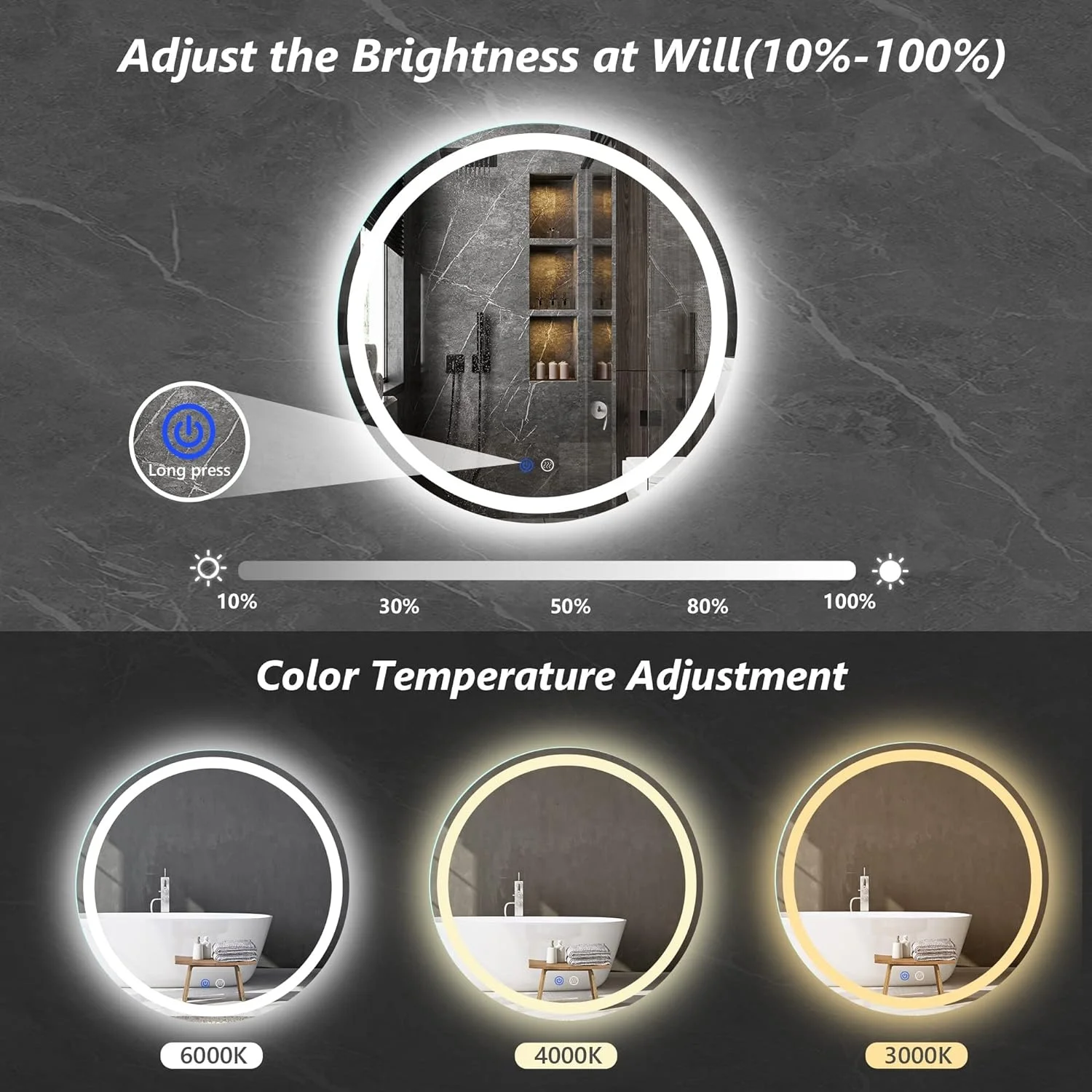 JH 24-Inch LED Lighted Bathroom Vanity Mirror Anti-Fog Smart Touch Wall Mounted with 3000K/4000K/6000K Adjustable Backlight Home