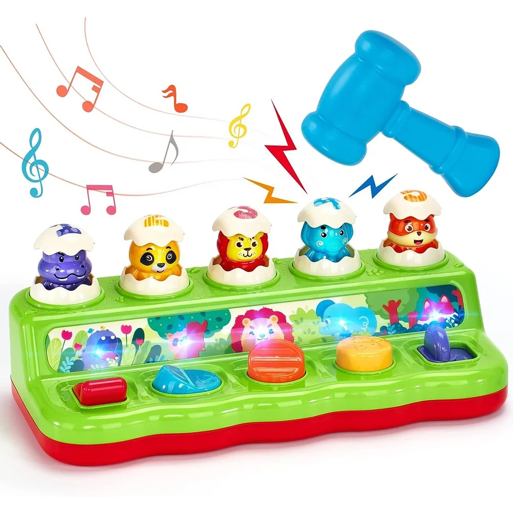 Toddler Montessori cause and effect activity toy interactive pop up animal box toy hammering game with lights sound effect music