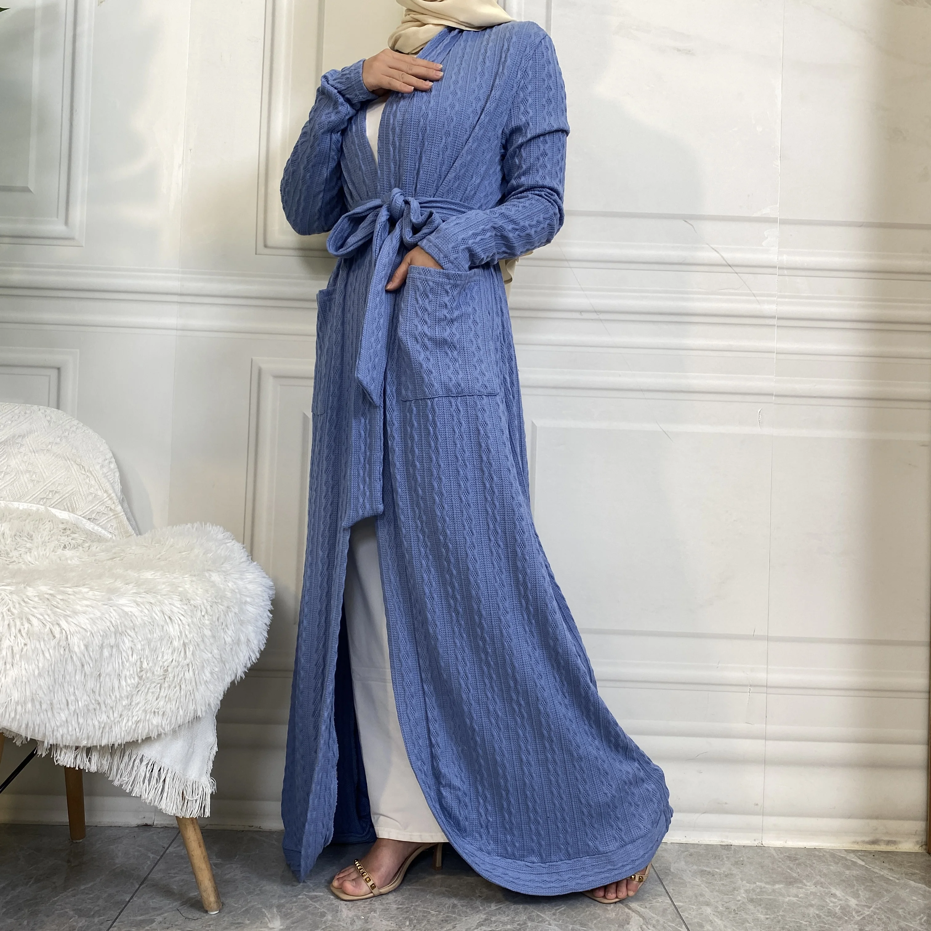 1952# New Fashion 2023 Elegant Pure Color Strip Covered Pocket Muslim Islamic National Female Abaya For Women Dubai Fashion Robe