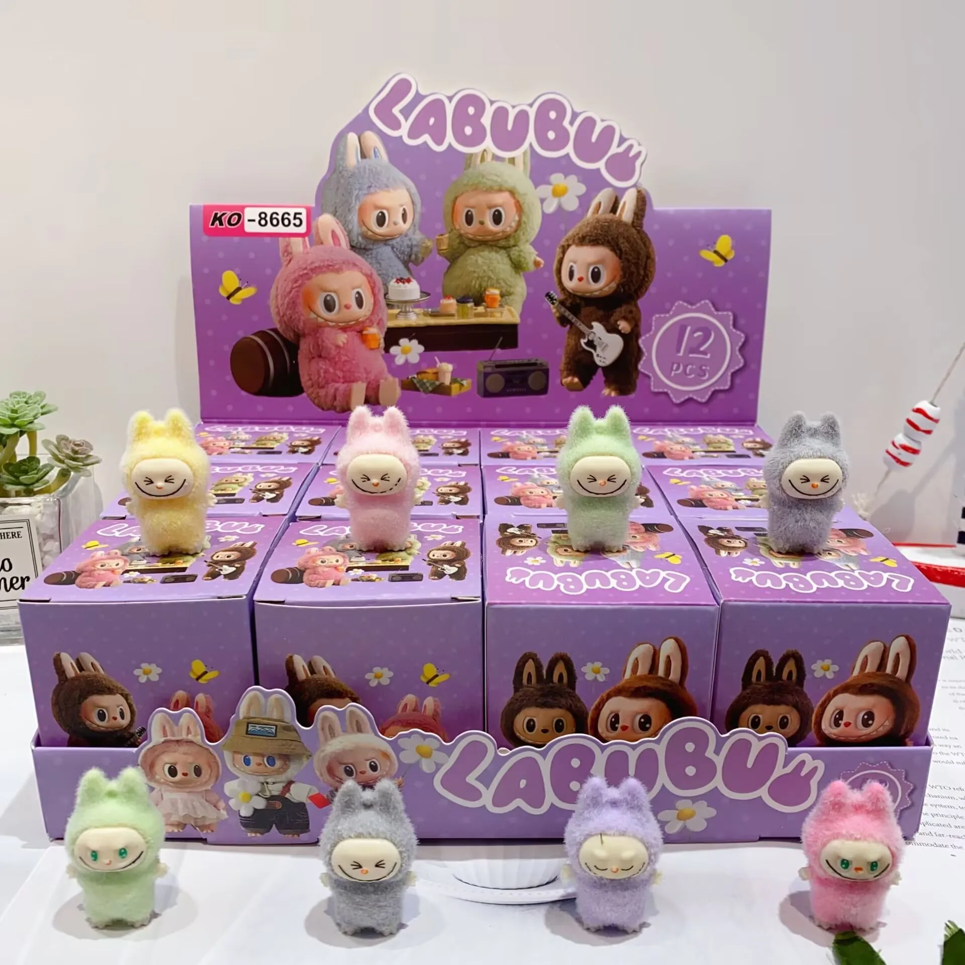 Yubon 12pcs New Cartoon Flocking Labubu Doll Figure Blind Box Cute Mini Doll Desktop Ornament Trendy Model