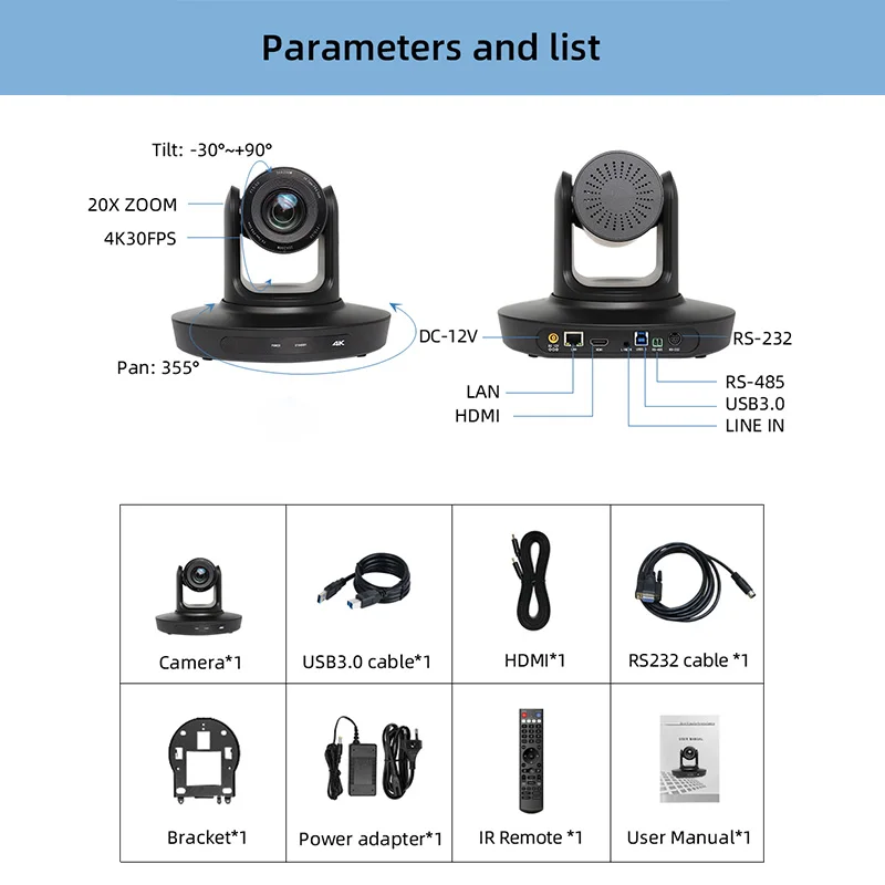 JJTS AI Auto Tracking HDMI PTZ Camera 20x Optical Zoom USB3.0 HDMI PTZ Camera for Church Services Worship Education