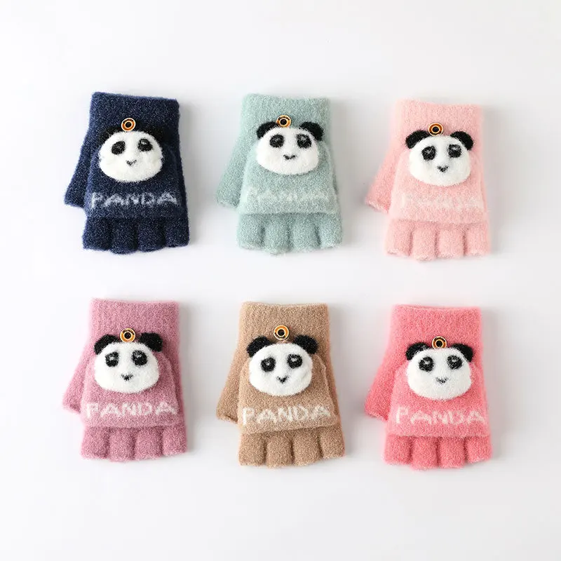2022 New Arrival Winter Warm Cute Panda Jacquard Half Finger Kids Baby Cover Gloves For Boy Girls