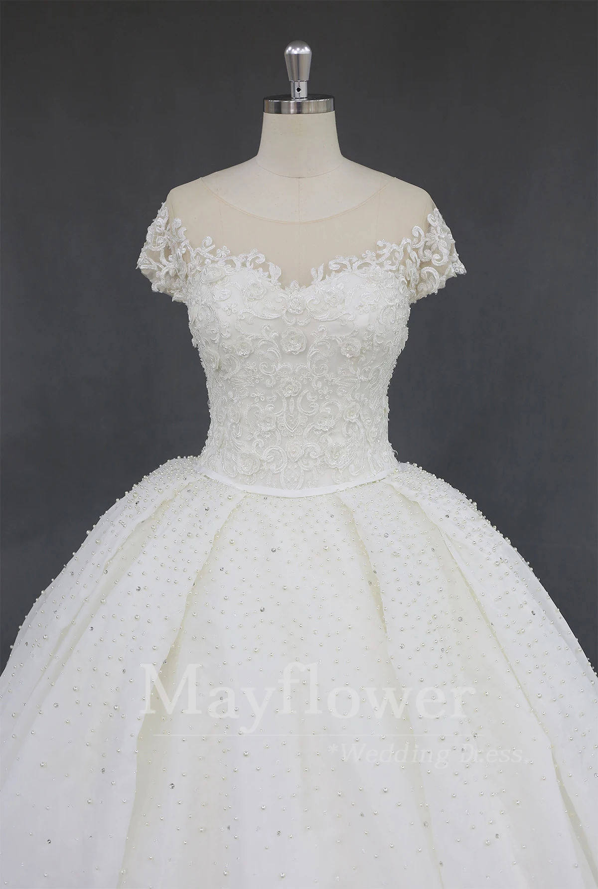 Cap sleeve bridal dress ball gown lace organza beaded wedding dress