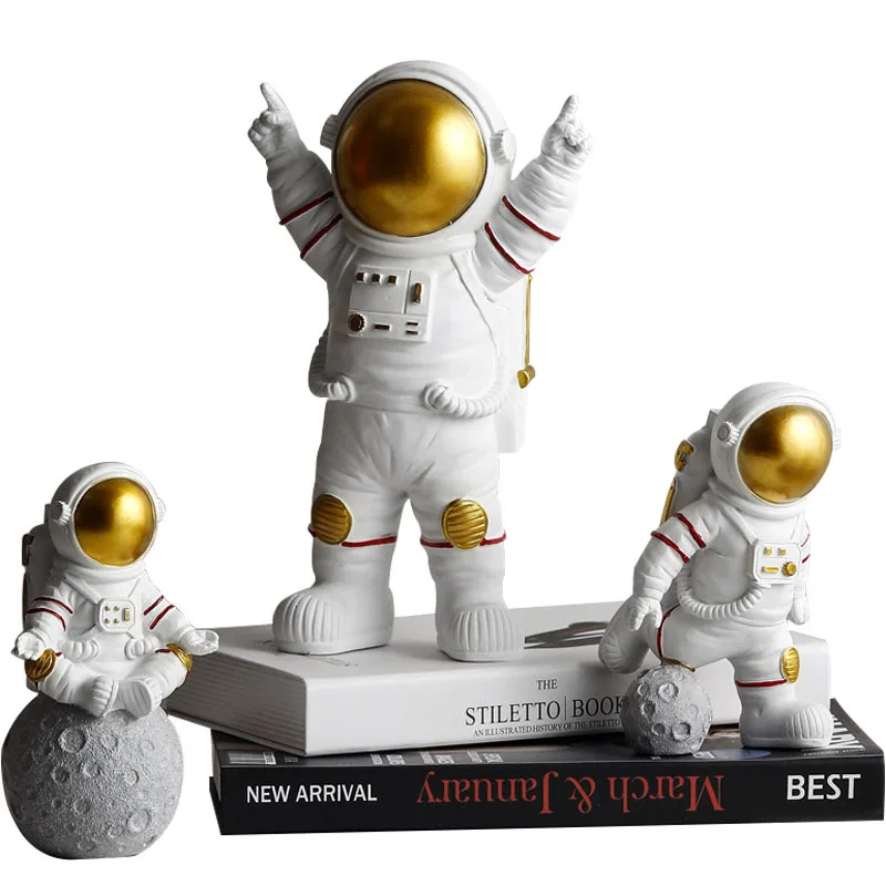 home decor artificial resin astronaut figurines modern spaceman with moon sculpture statues decorative arts and crafts for kids
