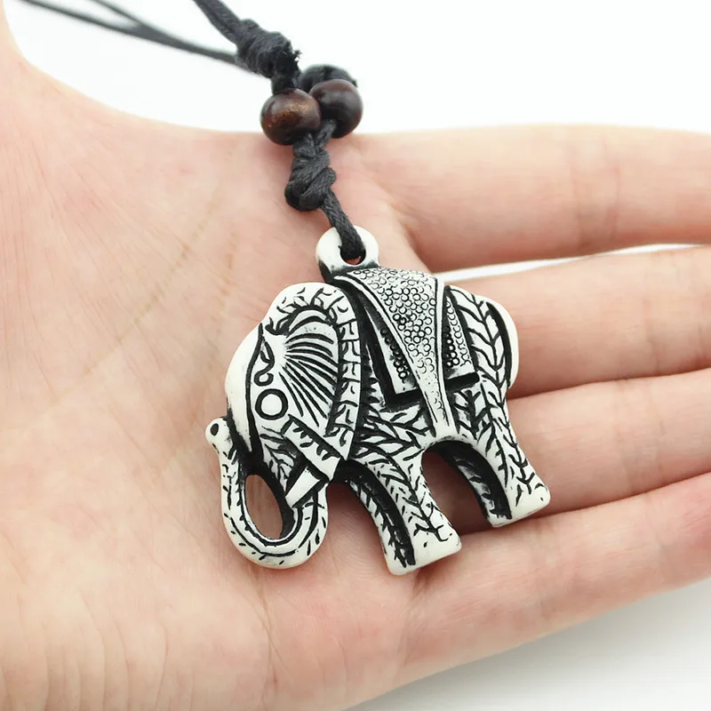Ethnic Handmade Wax Cord Wood Beads Adjustable Choker Animal Resin Elephant Pendent Totem Amulet Jewelry For Men Women