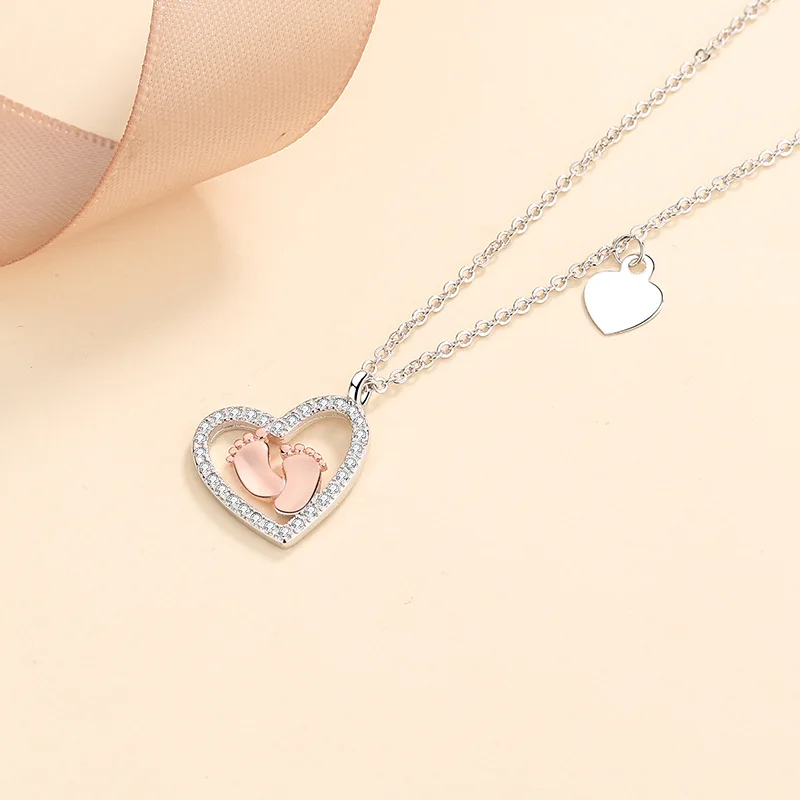S925 heart sterling silver baby footprint love necklace pendant clavicle neck chain for women