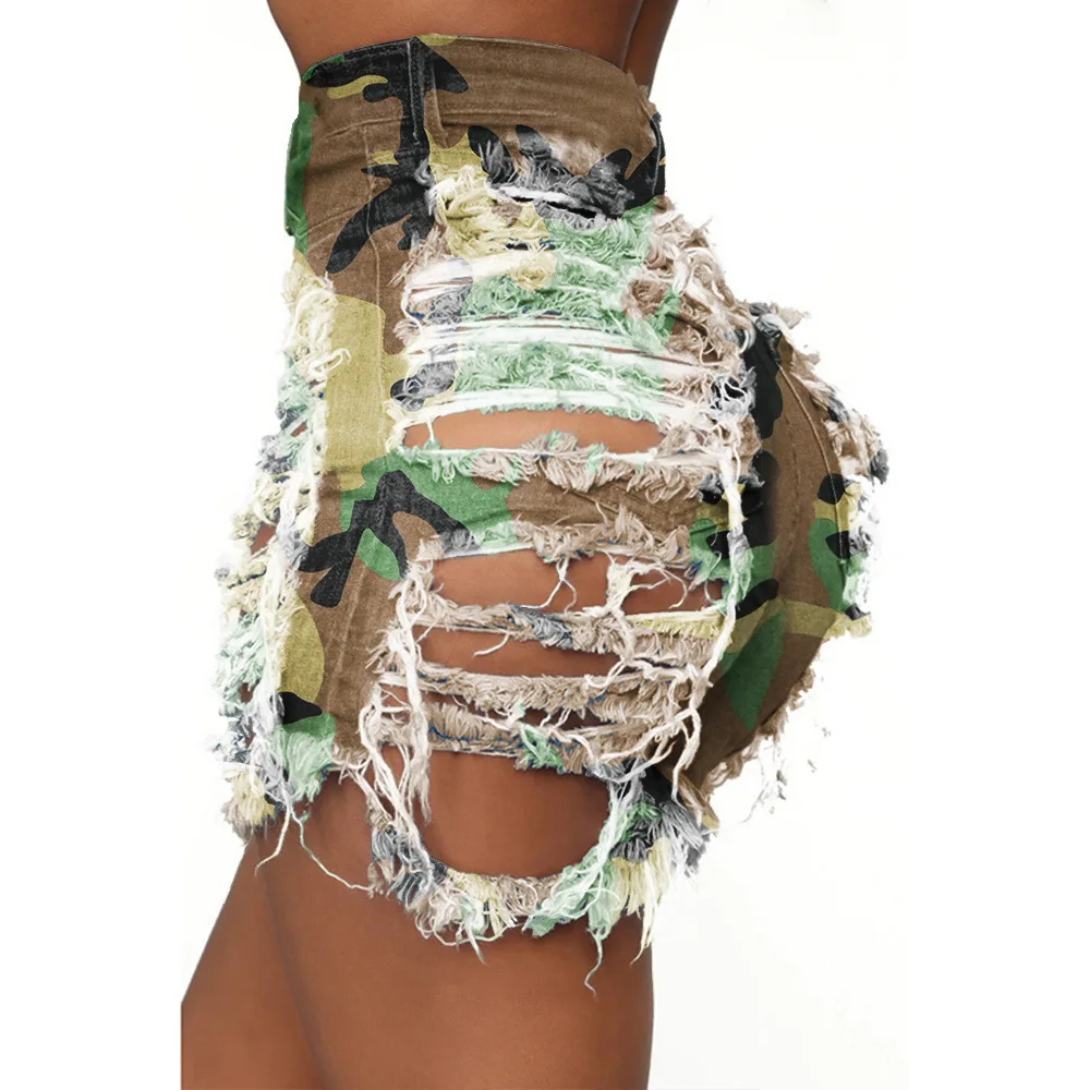 Liu Ming New Fashion Women Summer Ripped Casual Bottom Club Tie Dye Printed Short Jeans Denim Pants