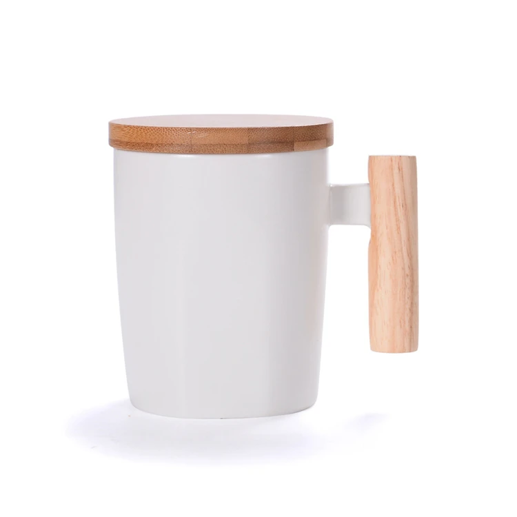 Customizable 13oz Wooden Handle Bamboo Lid Ceramic Nordic Matte Black White Mug Coffee