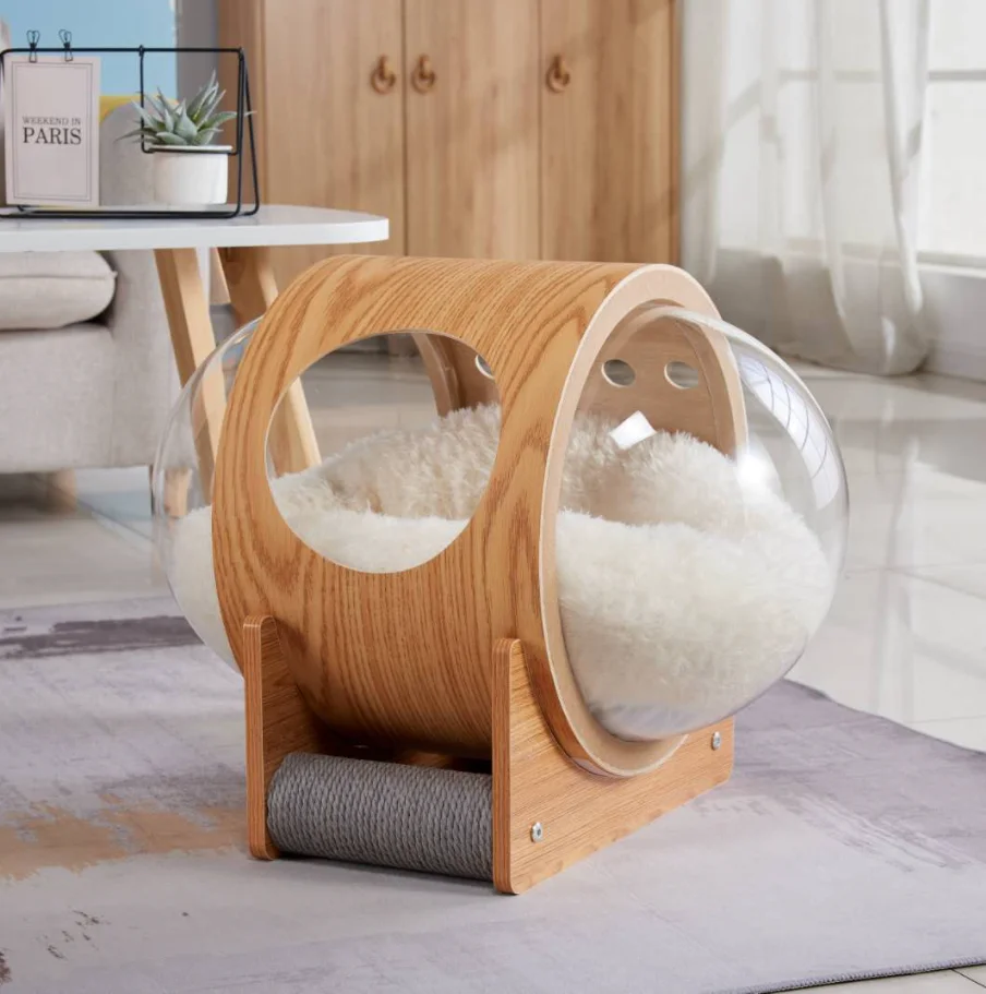Transparent Semi Enclosed Pet Furniture Capsule Solid Wood Acrylic Cat Bed House with Mattress