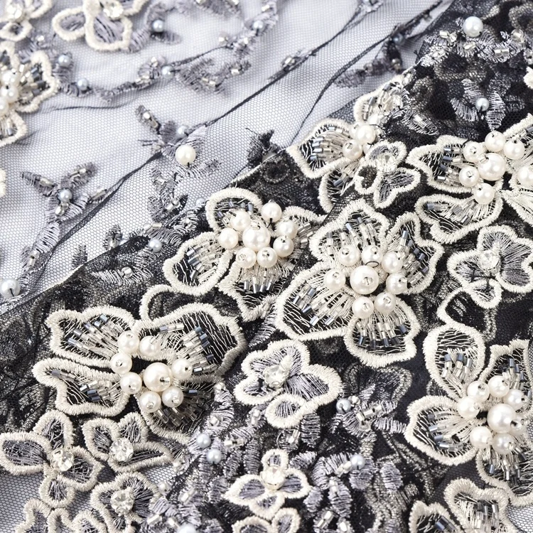 100% polyester bridal luxury beads sequins flower embroidery lace fabric for wedding