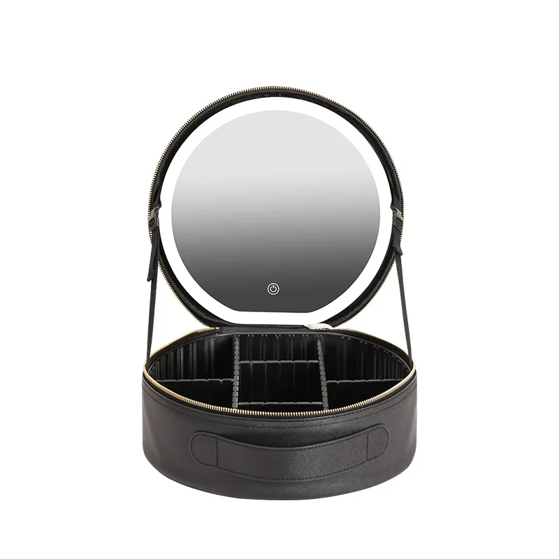 Portable Make up Bag with Mirror Makeup Bag Case Large Capacity Desktop Travel Silver Plastic Round Led Cosmetic Mirror